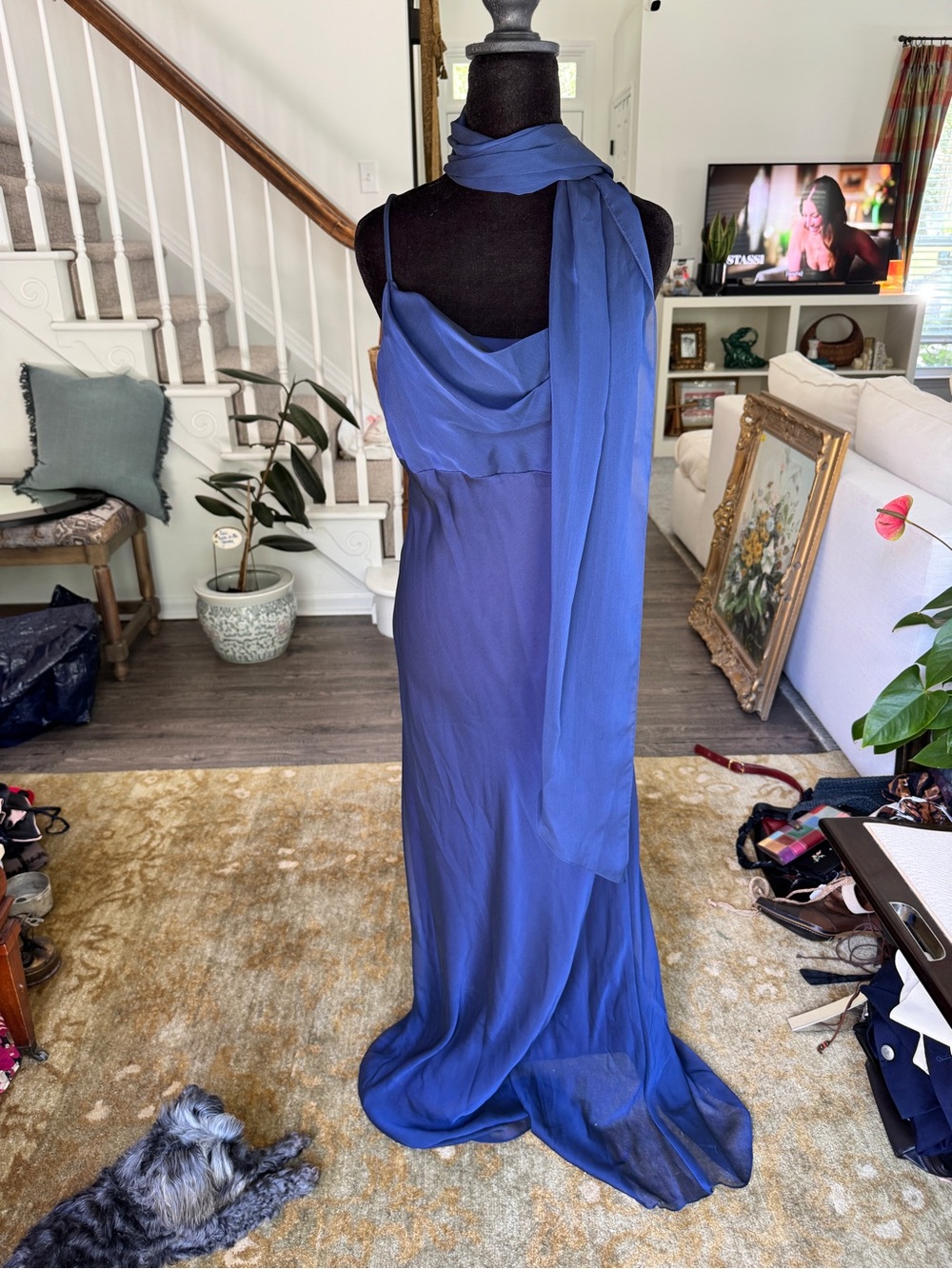 90s Night Way Collections Royal Blue Maxi Gown with Scarf